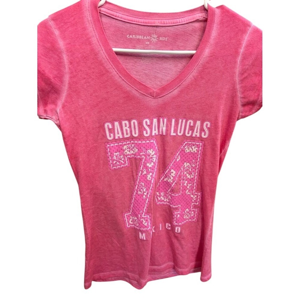 Caribbean Side Cabo San Lucas Mexico Pink Burnout Graphic V-Neck Tee Shirt M